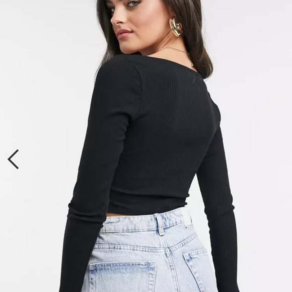 ASOS DESIGN rib fitted corset top with ultra wide neck in black Size US 14 - Picture 3 of 7